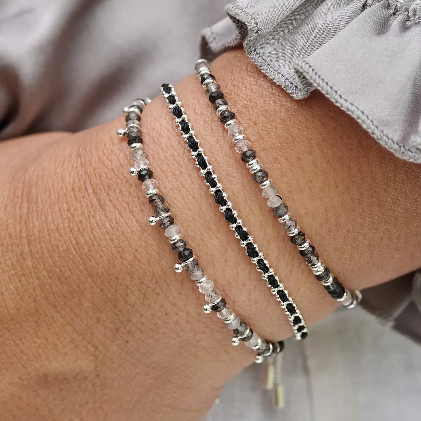 Black Rutilite Silver Gemstone Bracelet
